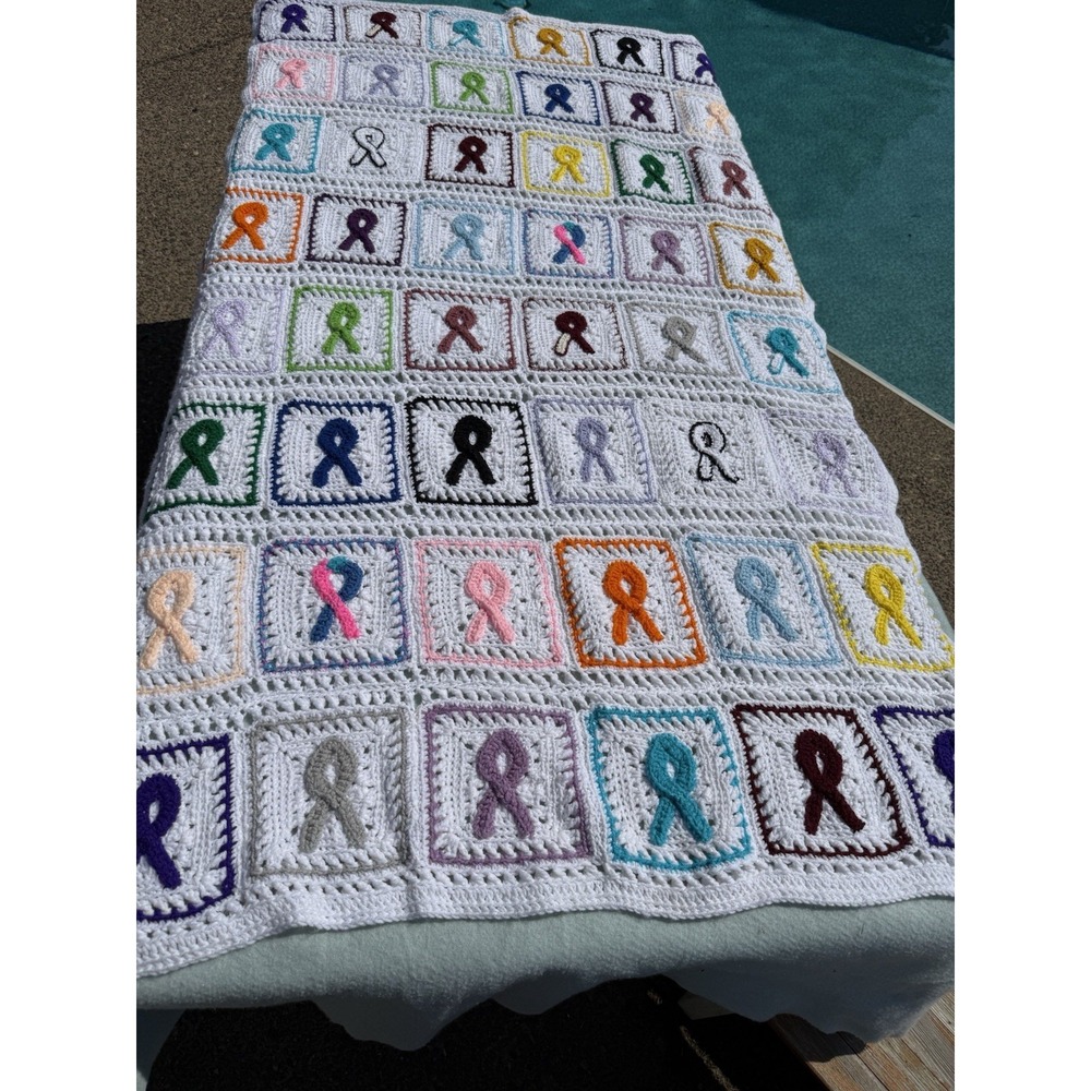 Handmade Blanket Crochet Awareness Ribbon Afghan Multicolor Causes 38”‎ x 70”